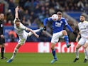Leicester City's Jamie Vardy in action with Leeds United's Luke Ayling on March 5, 2022