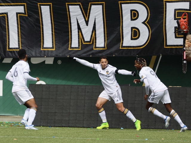 LA Galaxy forward Javier Hernandez (14) celebrates after scoring a goal against the Portland Timbers during the first half at Providence Park on April 3, 2022