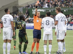 Los Angeles Galaxy midfielder Marco Delgado (8) receives a red card during the second half against the Portland Timbers at Providence Park on April 3, 2022
