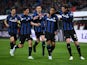 Atalanta's Luis Muriel celebrates scoring their first goal with teammates on April 7, 2022