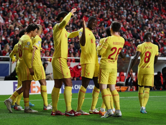 Liverpool's Ibrahima Konate celebrates scoring their first goal with teammates on April 5, 2022