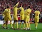 Liverpool's Ibrahima Konate celebrates scoring their first goal with teammates on April 5, 2022