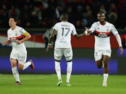 Lorient's Terem Moffi celebrates scoring their first goal with Houboulang Mendes on April 3, 2022