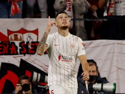 Sevilla's Lucas Ocampos celebrates scoring their second goal on February 17, 2022
