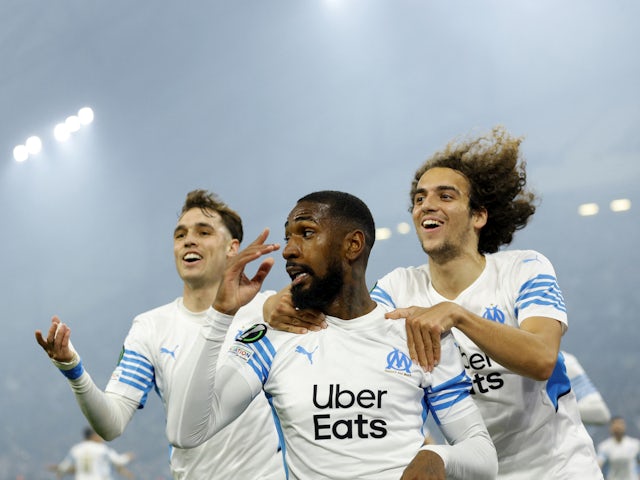 Marseille's Gerson celebrates scoring their first goal with Matteo Guendouzi on April 7, 2022