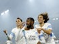 Marseille's Gerson celebrates scoring their first goal with Matteo Guendouzi on April 7, 2022
