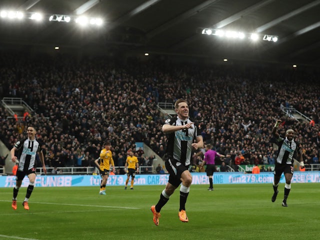 Newcastle United's Chris Wood celebrates scoring their first goal before it was disallowed after a VAR review on April 8, 2022