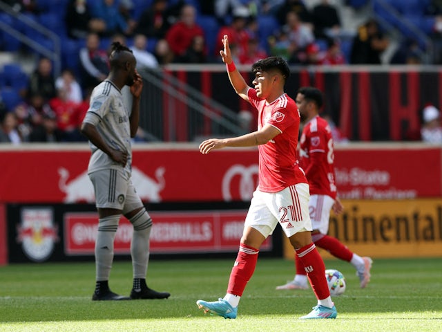 New York Red Bulls midfielder Omir Fernandez (21) celebrates after scoring a goal against the CF Montreal in the first half at Red Bull Arena on April 9, 2022