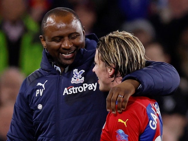 Crystal Palace manager Patrick Vieira and Crystal Palace's Conor Gallagher after the match on March 14, 2022
