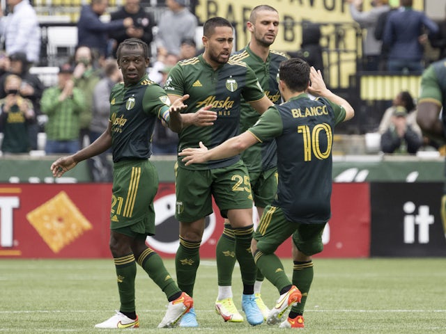 Portland Timbers defenseman Bill Tuiloma (25) celebrates with teammates after scoring a goal during the second half against the Los Angeles Galaxy at Providence Park on April 3, 2022.