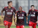 River Plate's Matias Suarez celebrates scoring their first goal with teammates on April 6, 2022