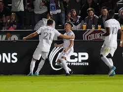 Real Salt Lake midfielder Pablo Ruiz (6) celebrates his penalty kick with forward Tate Schmitt (21) in the first half against the Colorado Rapids at Dick's Sporting Goods Park on April 3, 2022