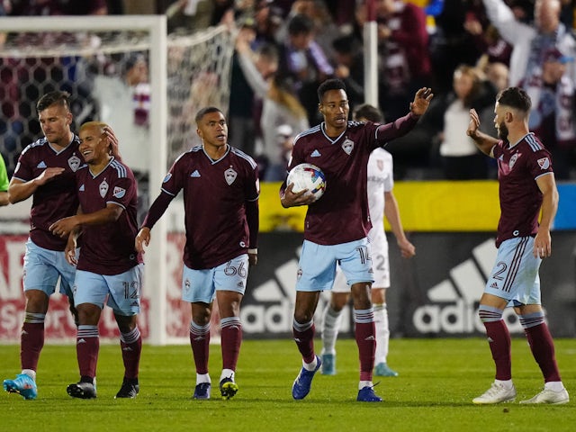 Members of the Colorado Rapids celebrate a second-half goal against Real Salt Lake on April 3, 2022 at Dick's Sporting Goods Park