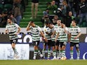 Sporting Lisbon's Pablo Sarabia celebrates scoring their first goal with teammates on April 3, 2022