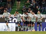 Sporting Lisbon's Pablo Sarabia celebrates scoring their first goal with teammates on April 3, 2022
