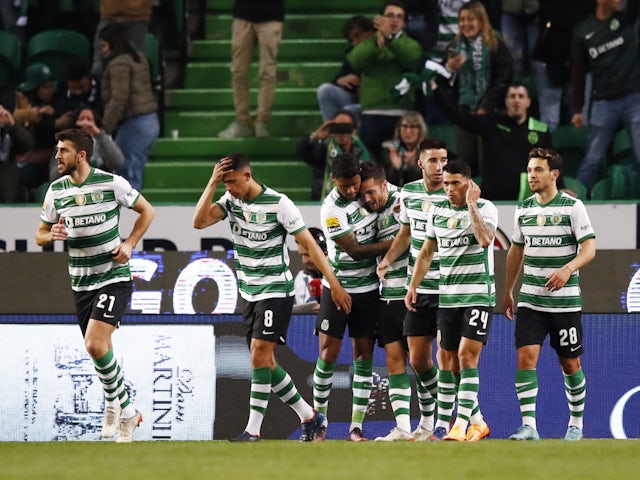 Sporting Lisbon's Pablo Sarabia celebrates scoring his first goal with his teammates on April 3, 2022