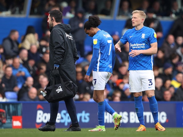 Birmingham City's Tahith Chong is substituted off after sustaining an injury on April 3, 2022