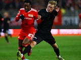  FC Union Berlin's Sheraldo Becker in action with FC Cologne's Timo Hubers on April 1, 2022