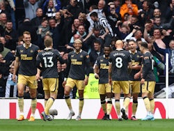 Newcastle United's Fabian Schar celebrates scoring their first goal with teammates on April 3, 2022