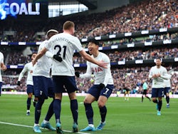 Tottenham Hotspur's Son Heung-min celebrates scoring their third goal with teammates on April 3, 2022