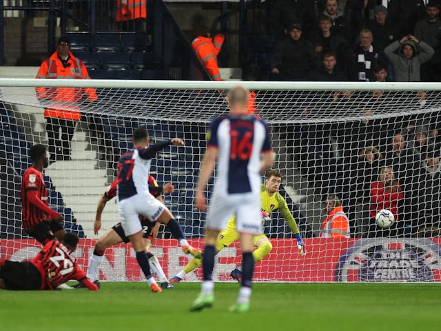 West Bromwich Albion's Alex Mowatt scores their first goal on April 6, 2022