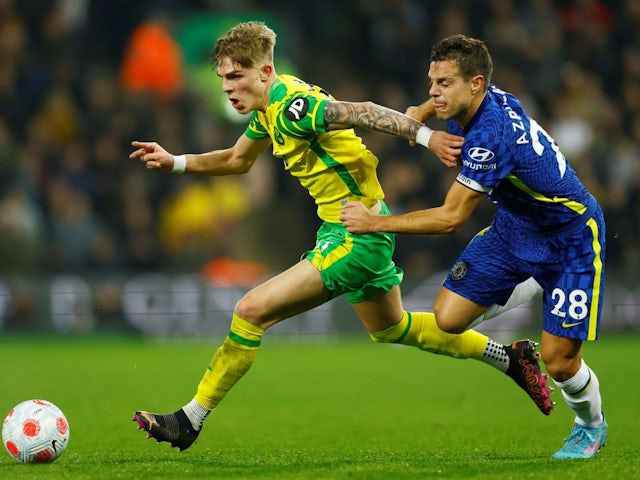 Norwich City's Brandon Williams in action with Chelsea's Cesar Azpilicueta on March 10, 2022