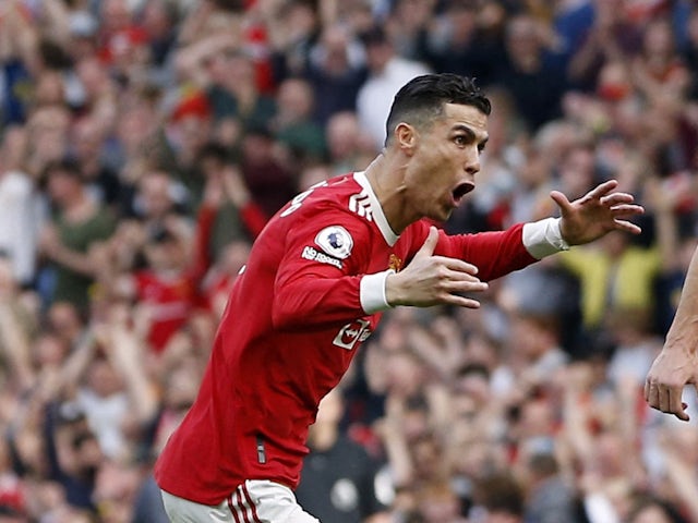 Manchester United attacker Cristiano Ronaldo celebrates scoring against Norwich City on April 16, 2022