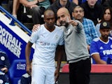 Manchester City manager Pep Guardiola gives instructions to substitute Fernandinho on September 11, 2021 