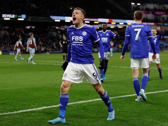 Leicester City's Jamie Vardy celebrates scoring their second goal on March 1, 2022
