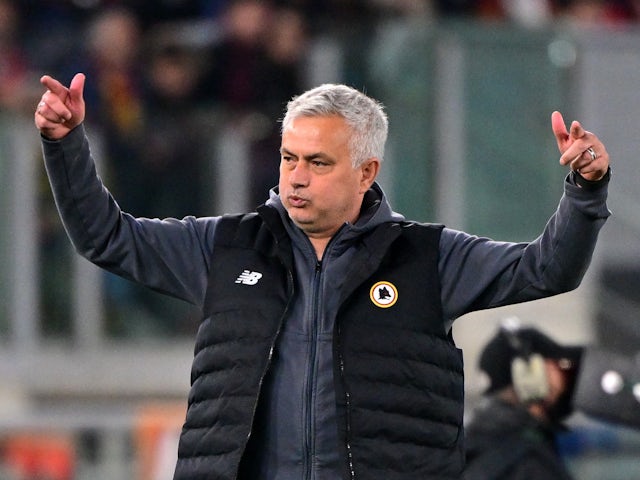 Roma coach Jose Mourinho celebrates after the match on April 14, 2022