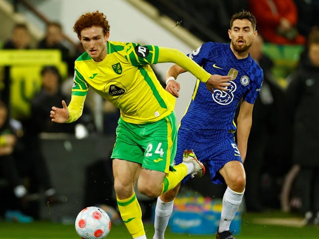 Norwich City's Josh Sargent in action with Chelsea's Jorginho on March 10, 2022