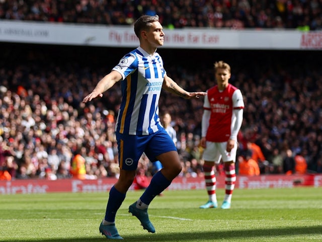 Brighton & Hove Albion's Leandro Trossard celebrates scoring their first goal on April 9, 2022