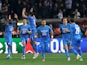 Marseille's Dimitri Payet celebrates scoring their first goal with teammates on April 14, 2022