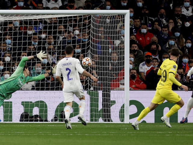 Mason Mount scoring for Chelsea against Real Madrid in the Champions League on April 12, 2022.