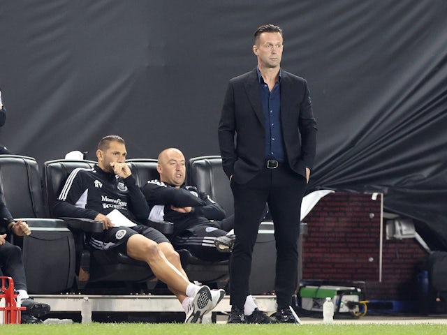 New York City FC head coach Ronny Deila (right) looks on during the first half against the Seattle Sounders at Red Bull Arena on April 13, 2022