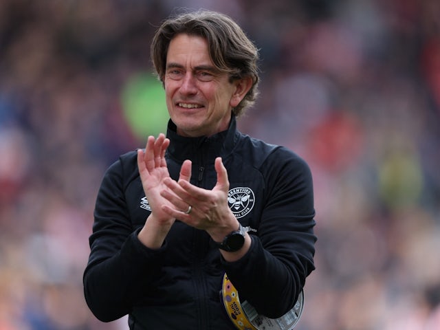 Brentford manager Thomas Frank applauds fans after the match on April 10, 2022