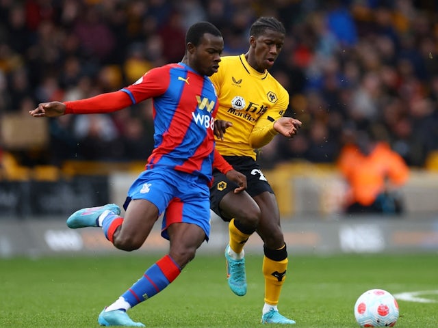 Crystal Palace's Tyrick Mitchell in action with Wolverhampton Wanderers' Chiquinho on March 5, 2022