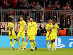 Villarreal's Samuel Chukwueze celebrates scoring their first goal with Giovani Lo Celso and teammates on April 12, 2022