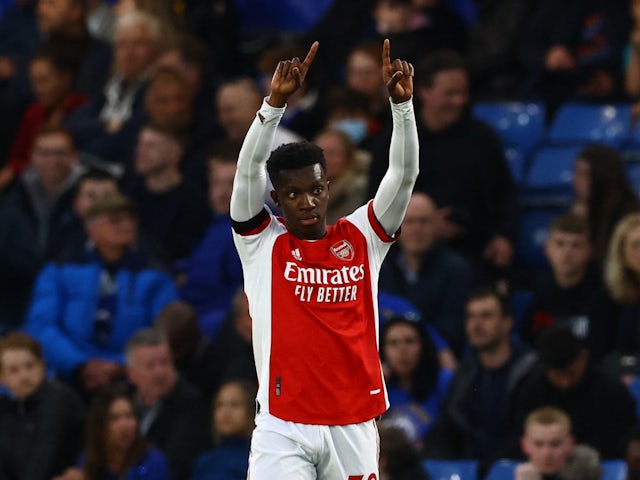 Eddie Nketiah celebrates scoring for Arsenal against Chelsea on April 20, 2022