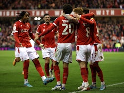 Nottingham Forest's Jack Colback celebrates after scoring their third goal with teammates on April 18, 2022