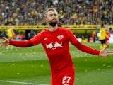 Konrad Laimer celebrates scoring for RB Leipzig in April 2022