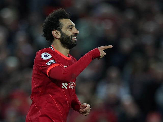 Liverpool's Mohamed Salah celebrates scoring their fourth goal on  April 19, 2022
