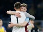 Burnley's Nick Pope and Nathan Collins celebrate after the match on April 21, 2022