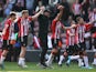Southampton manager Ralph Hasenhuttl celebrates with his players after the match on April 16, 2022