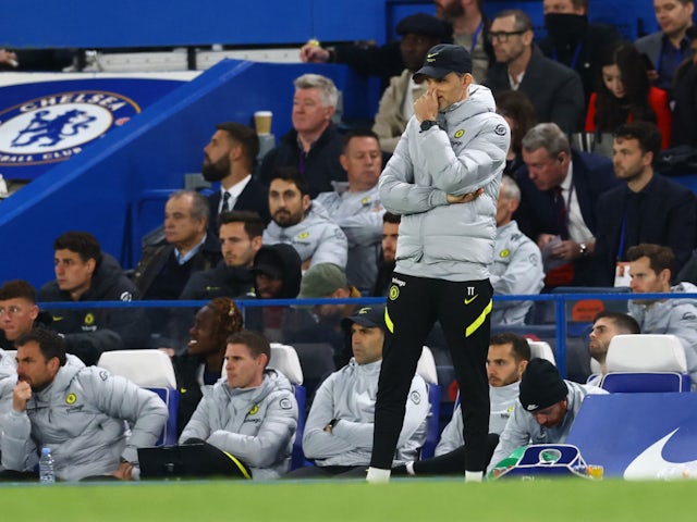 Chelsea head coach Thomas Tuchel looked frustrated during the Premier League match with Arsenal on 20 April 2022.
