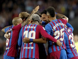 Barcelona's Sergio Busquets celebrates scoring their second goal with teammates on May 1, 2022