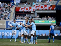 New York City FC midfielder Gabriel Pereira (38) celebrates his goal against the San Jose Earthquakes with teammates during the second half at Yankee Stadium on May 1, 2022