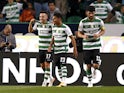 Sporting Lisbon's Pablo Sarabia celebrates scoring their first goal with Marcus Edwards and Luis Neto on May 1, 2022