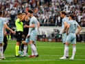 West Ham United's Aaron Cresswell is shown a red card by referee Jesus Gil Manzano after a VAR review on May 5, 2022