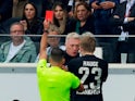 West Ham United manager David Moyes clashes with Eintracht Frankfurt's Jens Petter Hauge before being shown a red card on May 5, 2022